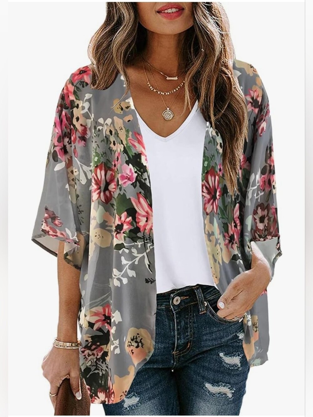 Sheer Floral Open-Front Kimono Tunic in Gray and Pink